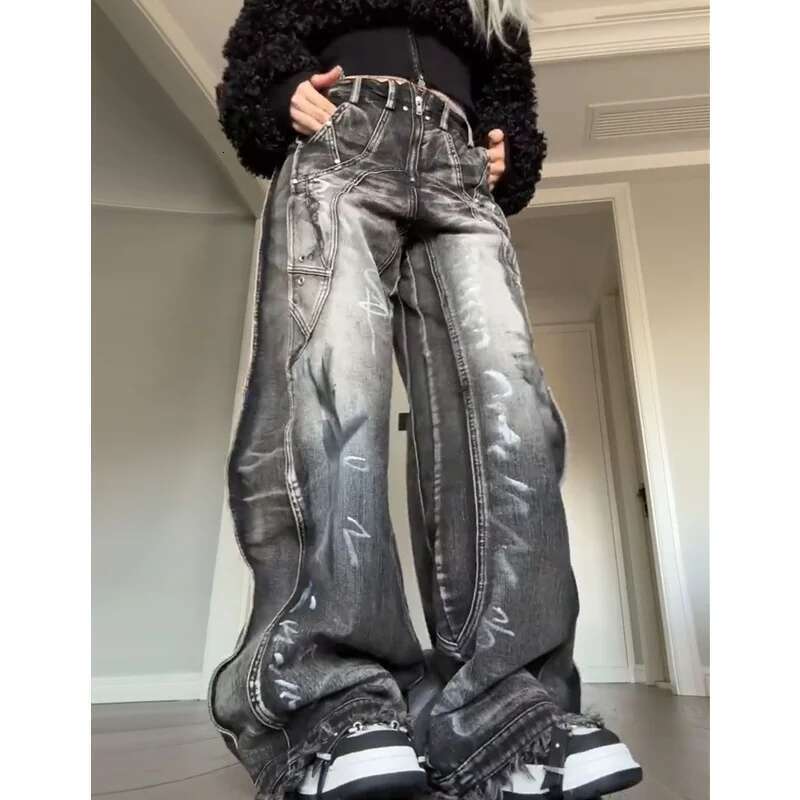 Black Gray Womens Jeans High Waist Vintage Straight Baggy Pants Streetwear American Style Fashion Wide Leg Denim Trouser