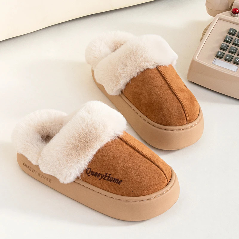 Queeyhome Winter Women Flat-Bottomed Plush Commute Solid Color Versatile Cotton Slippers Warm Cozy Indoor-Outdoor Man Shoes 250213