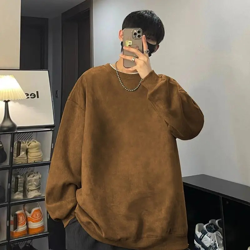 IMCRASY Mens Autumn Trendy Trend Youth Simple Suede Round Neck Solid Color Sweatshirt Loose Tshirt 250214