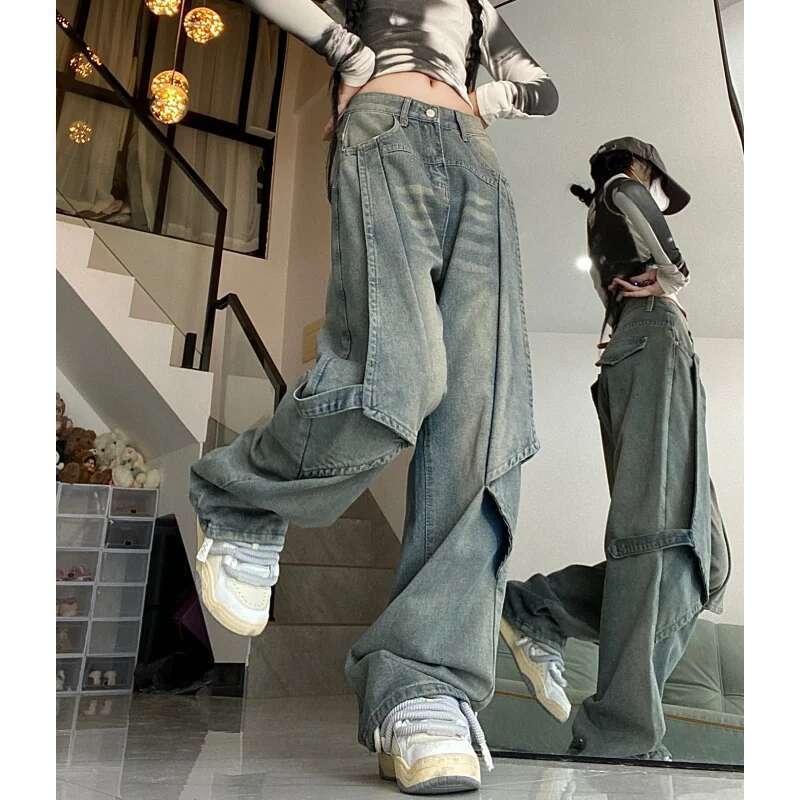 Blue Women Jeans Vintage High Waist Chic American Fashion Y2k Streetwear Wide Leg Jean Female Trouser 2023 NEW Baggy Denim Pants