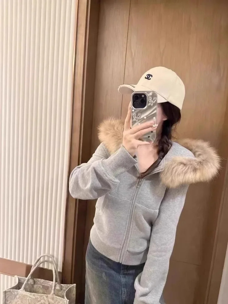American Retro Fur Collar Hooded Zipper Sweatshirt Fashionable Street Hoodie Harajuku Style Simple 250213