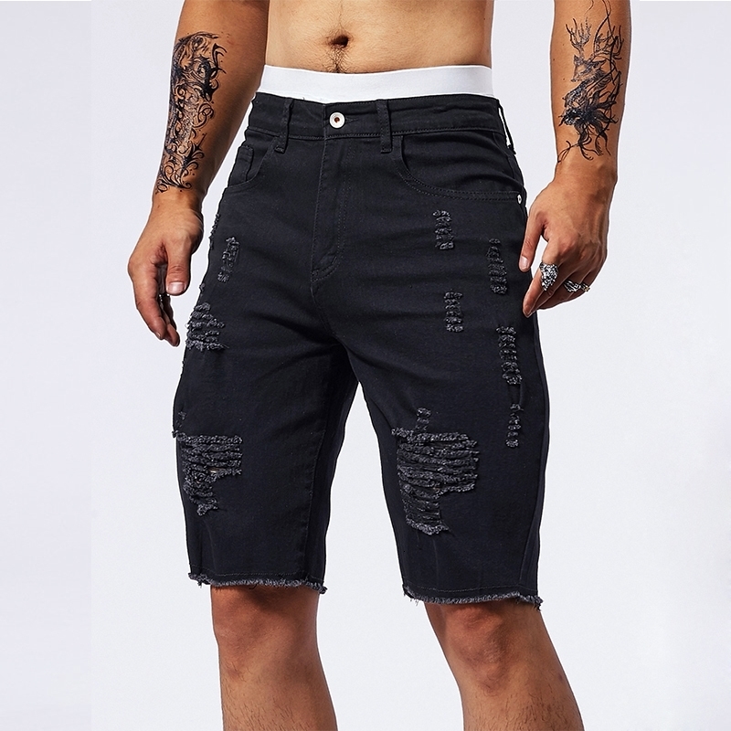 Vintage Denim Shorts Mens American Stretch Slim Jeans Fashion Ripped Streetwear Male Hole Frayed Short Pants Blue Black w250113