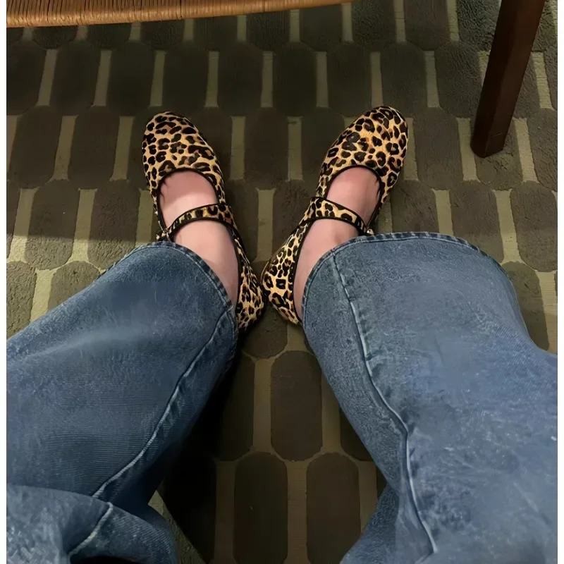 Leopard Print Leather Straight Buckle Single Shoes Womens Flat Granny Shoes Ballet Mary Jane Shoes 250214