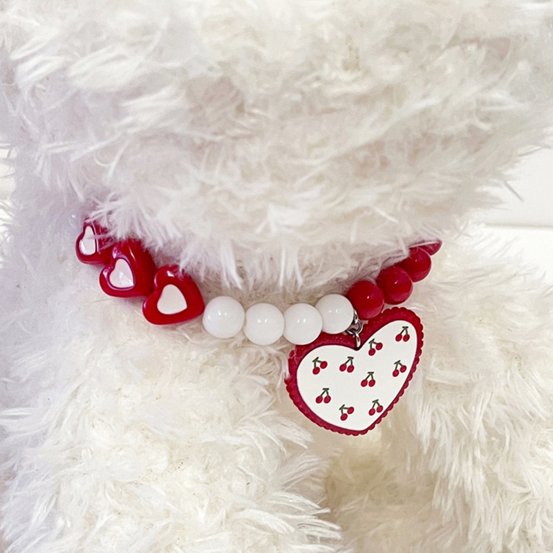 Dog Necklace with Red And White Bead Heart-shaped Pendant, Fashion Necklace for Girl Cats, Cute Pet Necklace Decoration, Adjustable Pet Collar for Sma