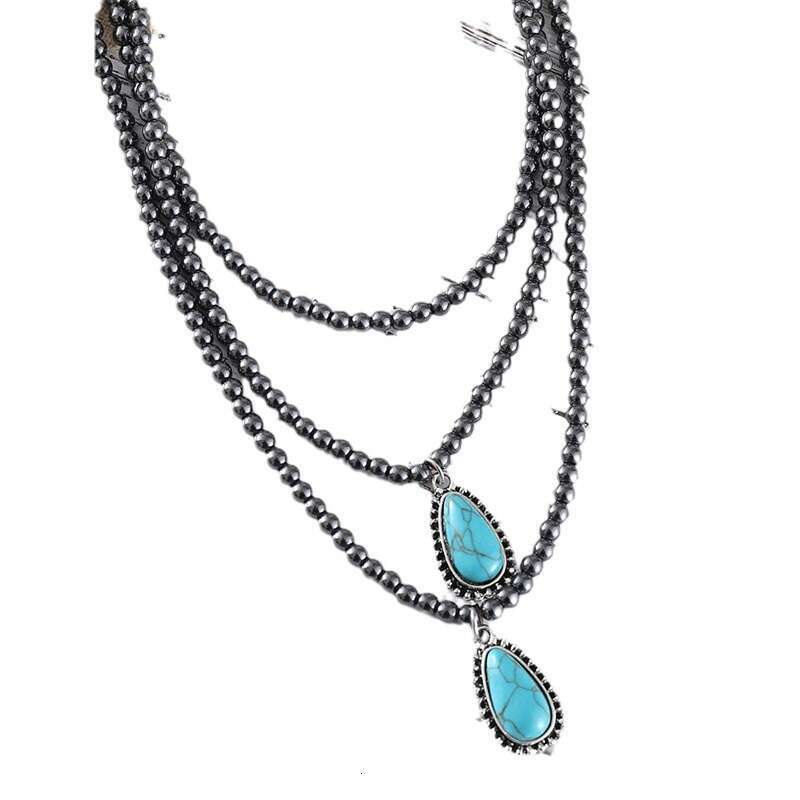 Bohemian ethnic style three-layer teardrop shaped turquoise black round bead necklace popular accessory