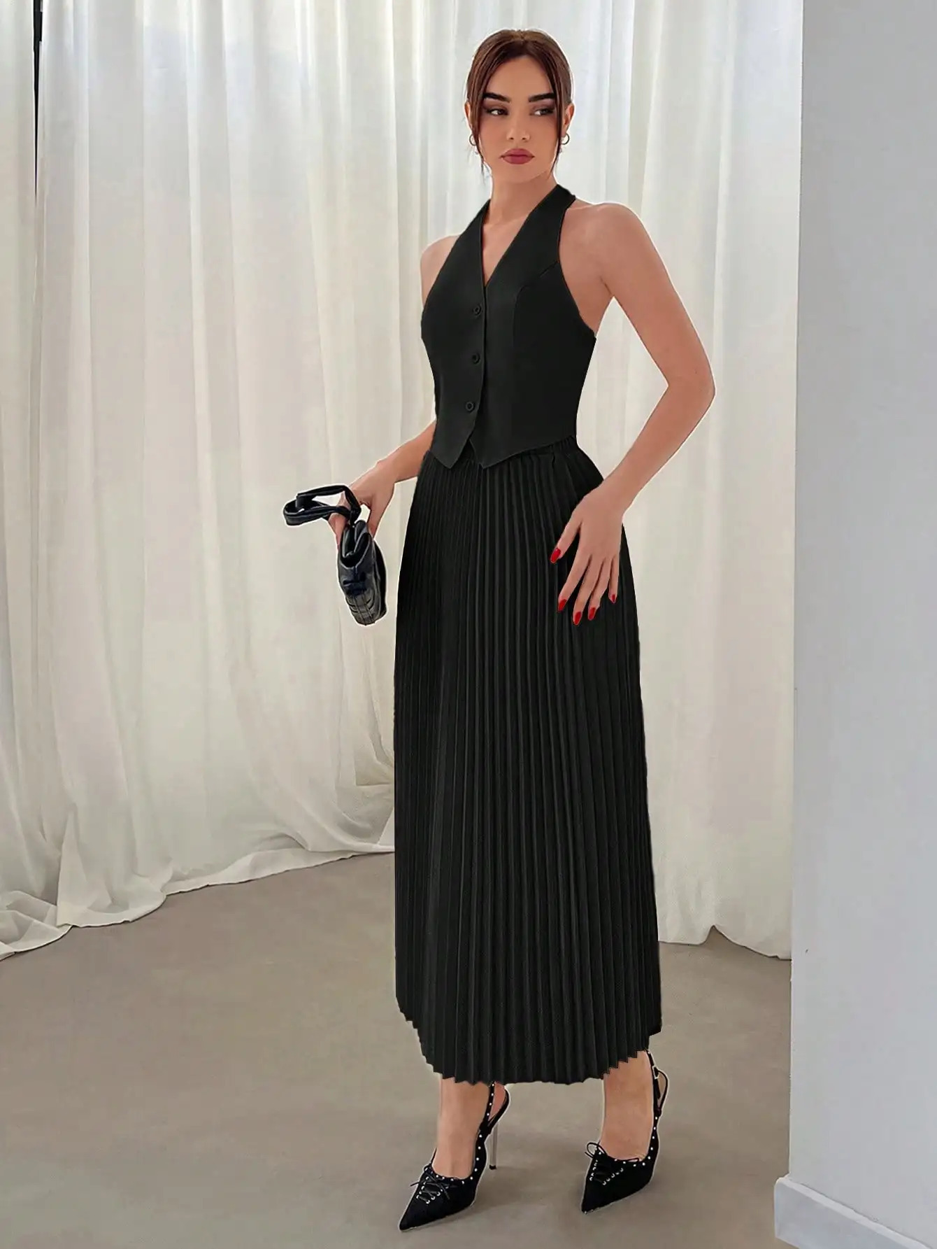 Summer suit vest single breasted skirt lapel top fashion pleated 250214