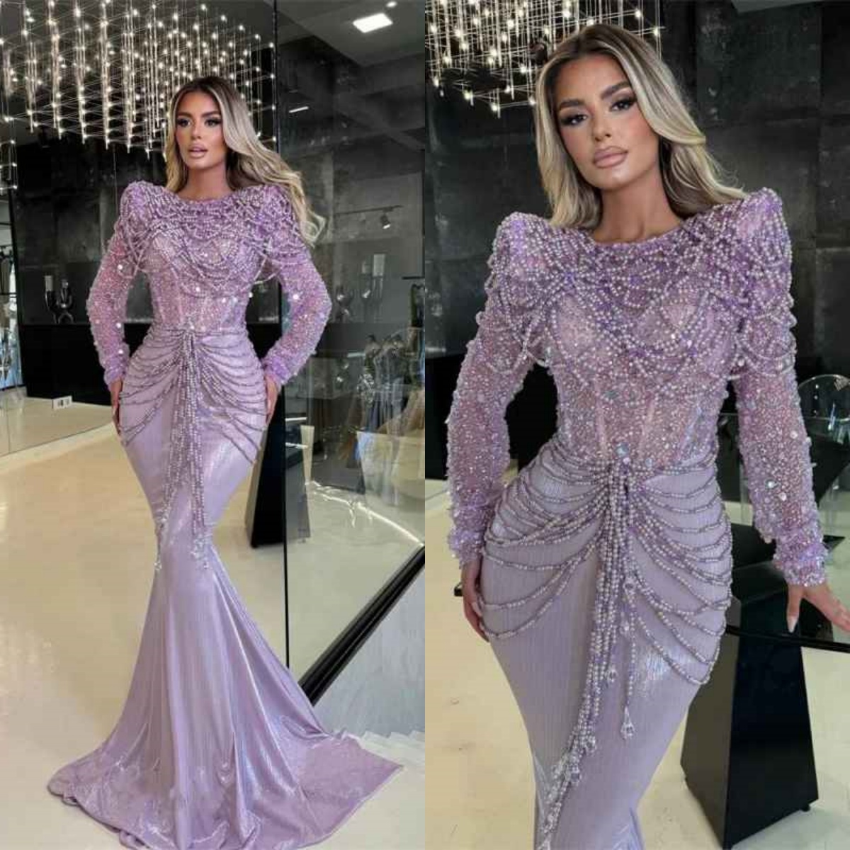 Beading Mermaid Evening Dress Sequins O Neck Long Sleeve Prom Gowns Sheath Sweep Train Formal Dresses Customized Vestidos