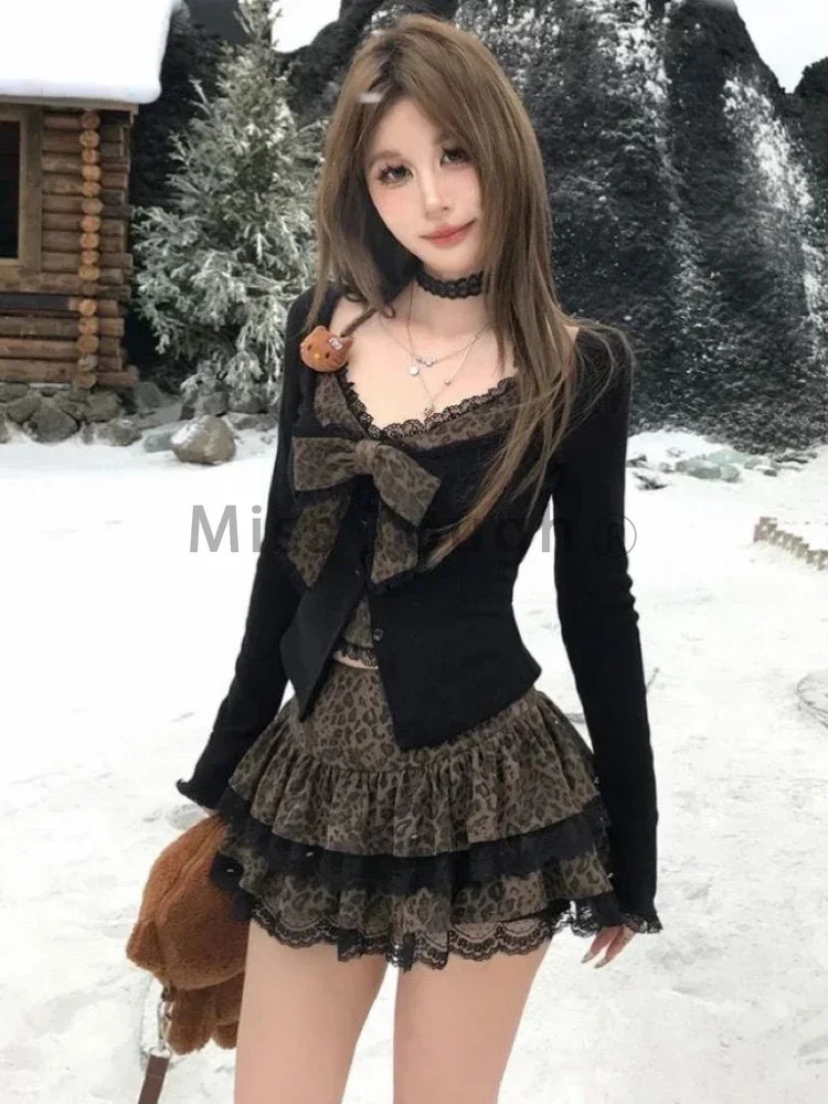 Autumn Winter Sexy Leopard Print Skirt Suit Women Two Piece Tops Lace Cake Set Japanese Y2k Bow Sets 2000s Clothing 250214