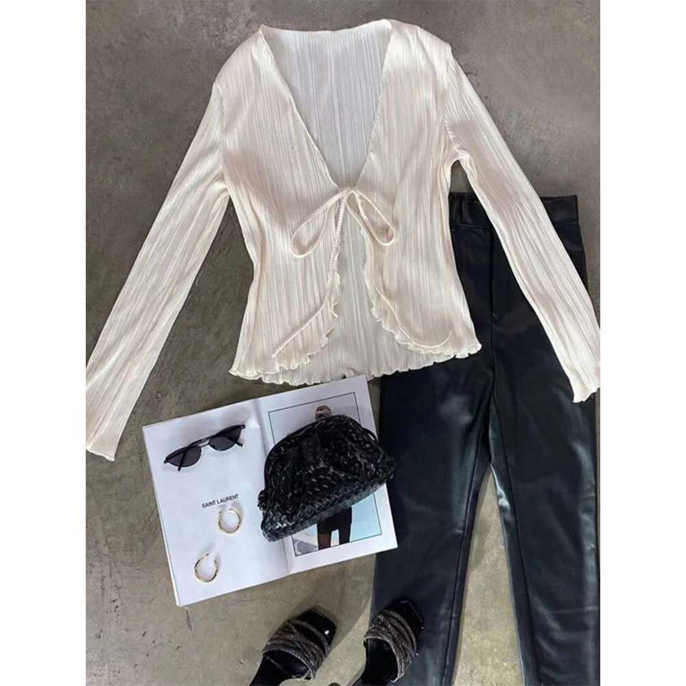 Women Pleated Plain Shirts Spring Fall Chic Long Flare Sleeve V- Neck Tie Up Cardigans Tops For Casual Party Street
