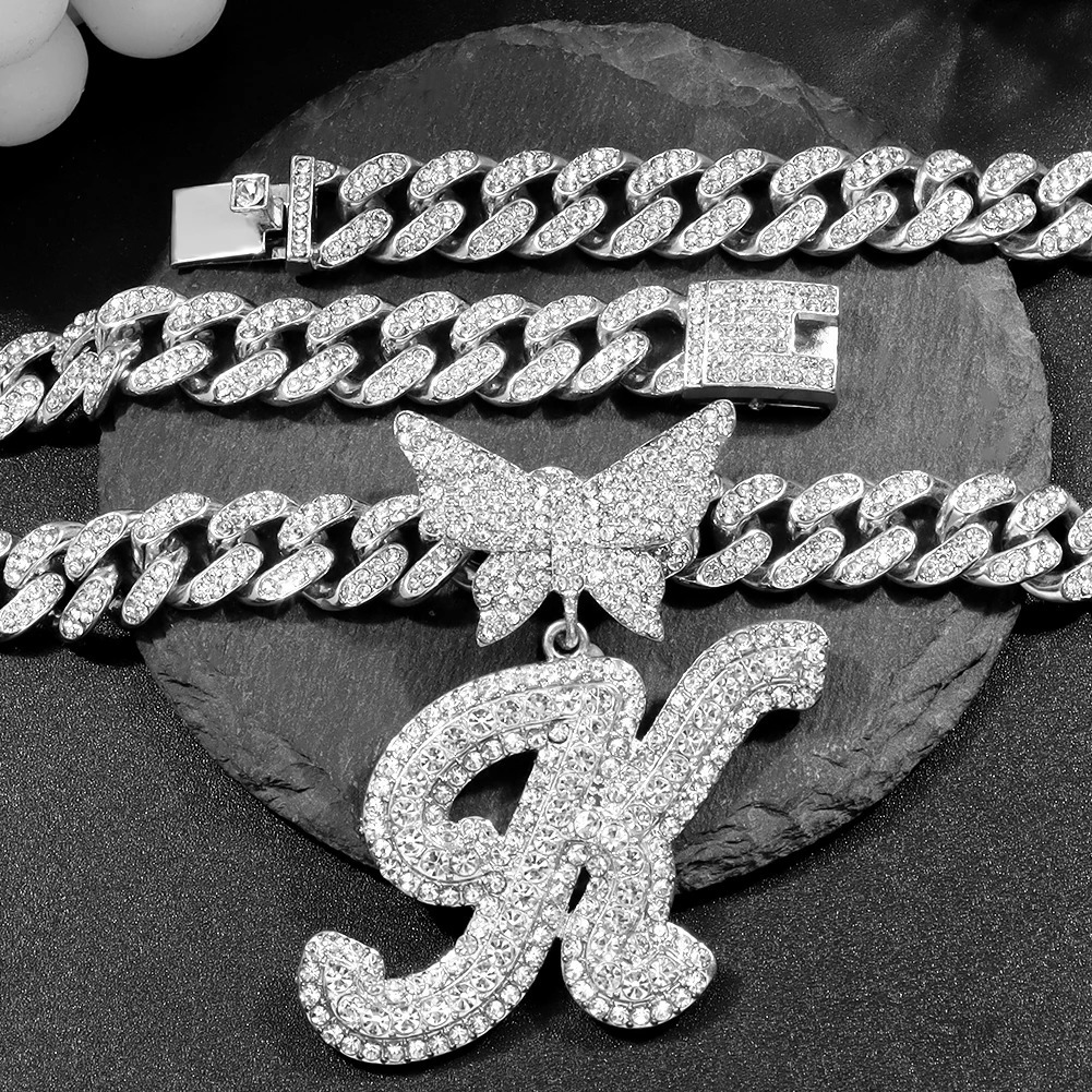 Iced Out Cuban Link Chain Butterfly Letter Necklace for Women Bling Silve Color Initial Miami Name Necklace Birthday Jewelry 250213