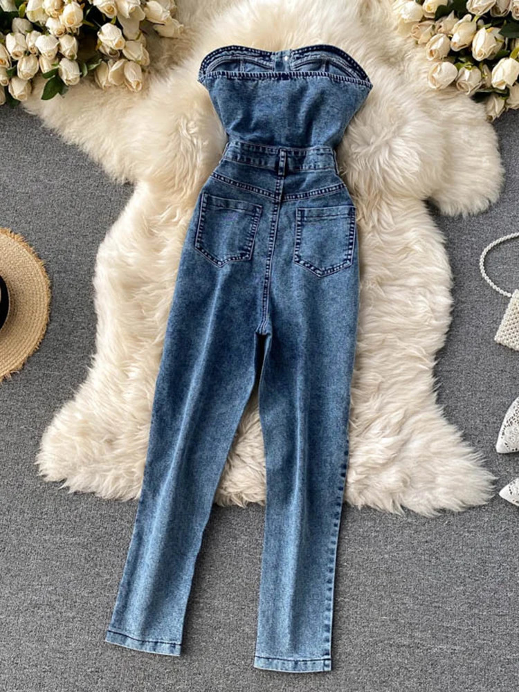 EWQ Elegant Chic Jumpsuit Women Strapless Sleeveless Denim Solid Color High Waist Jumpsuits Winter Spring 2024 27SN5080 250122