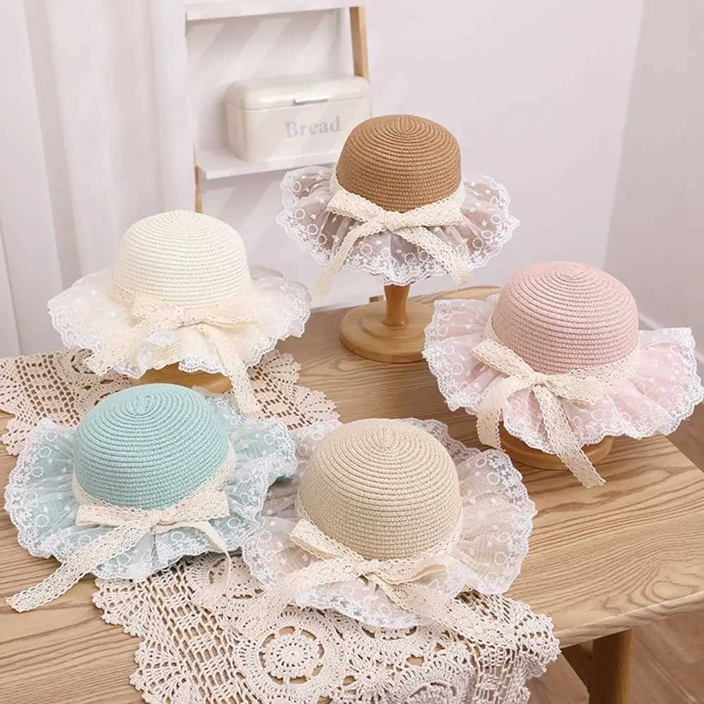 New straw hat wide Brim lace beach bucket hat fashionable bow grass hat baby bag W250217