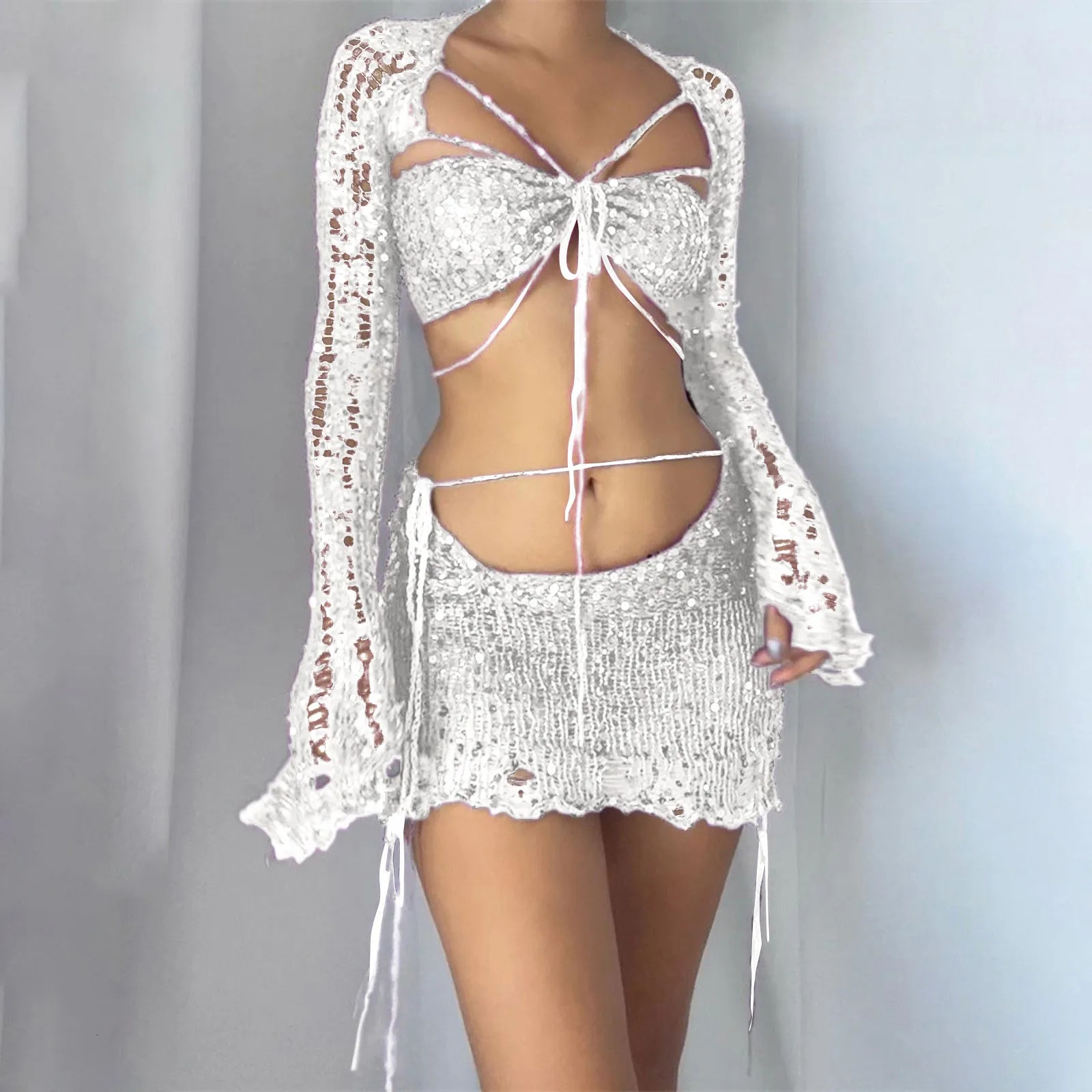 Women Knitted Sequins 3 Piece Skirt Sets Y2k Style Ladies Outfit Cardigan Navel Exposed Hollow Out Clubwear Clothing 250214