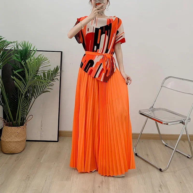 Printed Miyake Pleated Pant Sets Women Contrast Color Tops Wide Leg Trousers Elegant Two Piece Sets 2025 2AN5903 250210