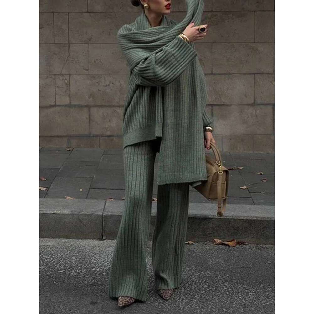Elegant Knited Three-Piece Set Women's V-Neck Long Sleeves Sweater With High Waist Casual Pants 2025 New Clothing