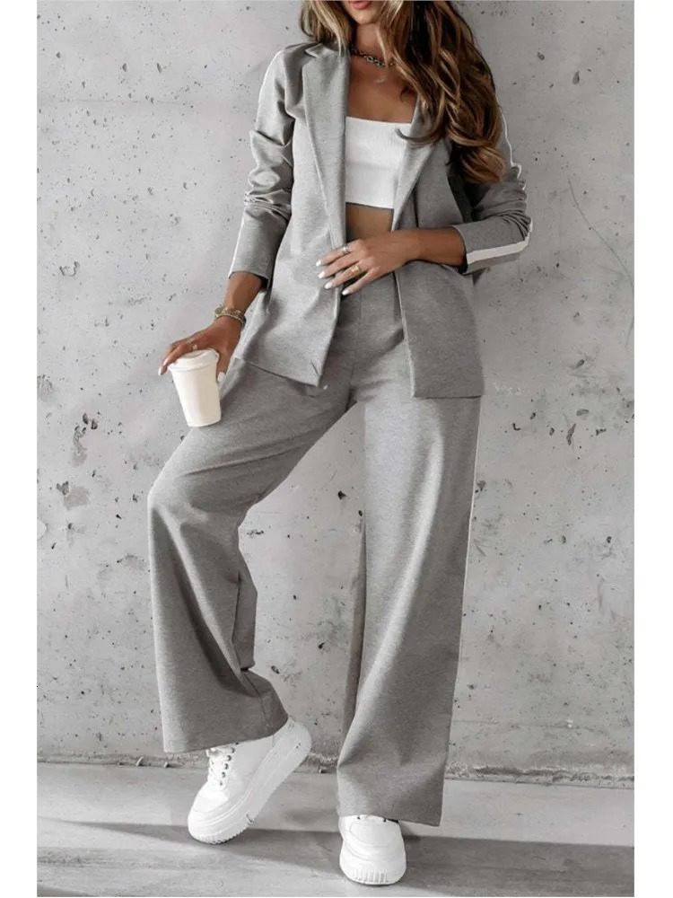 Autumn Winter Womens Casual Lapel Suit Fashion Splicing Stripes Wide Leg Pant 2025 Female Suit Elegant Office Two-piece Set 250210