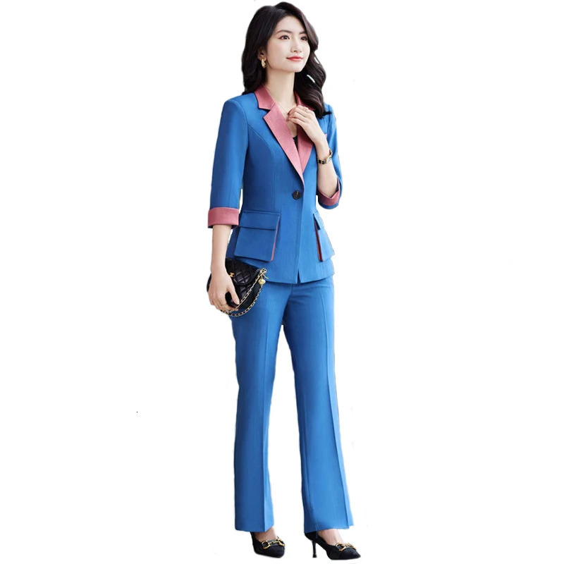High End Professional Suit Office Women Blazer 2 Piece Set Fashion Big Pocket Female Jacket Casual Flared Trousers 250210