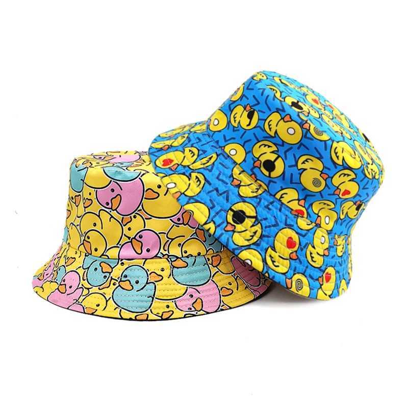Bocca cartoon duck bucket hat cute printed fisherman hat mens and womens double-sided Panama hat 58cm summer outdoor sun hat W250217