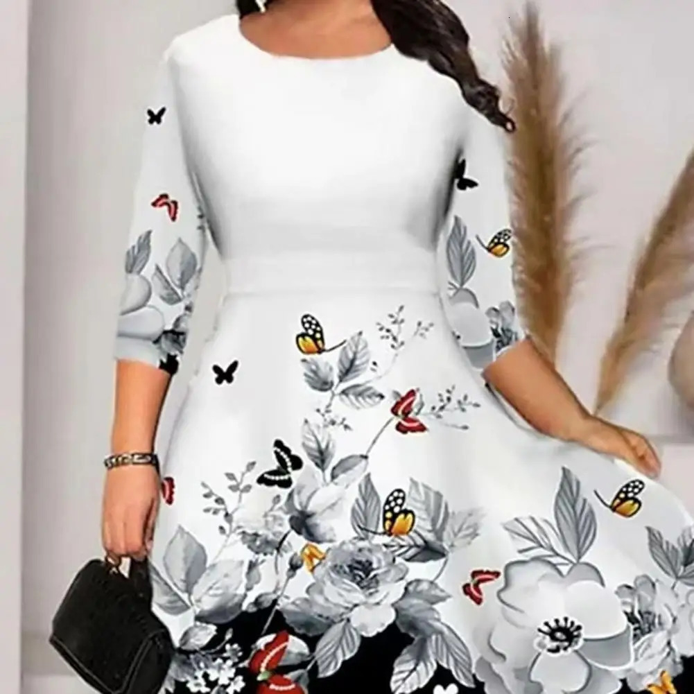 Womens Dress Summer Oneck 34 Sleeve Midi Plus Size Butterflies Printing Waist Tight Loose Hem Casual Streetwear 250214