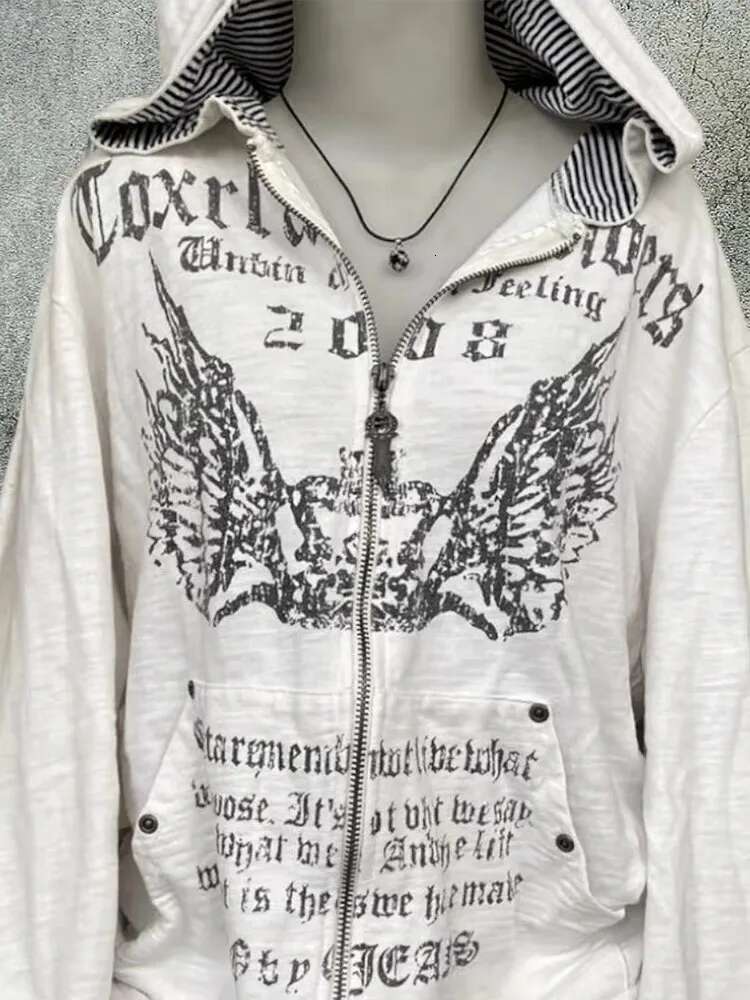 Grunge 2024 Print Slim Waist Y2k Hoodies Hooded Zip up Sweatshirts Vintage Women Clothing Long Sleeve Tops Casual Fashion