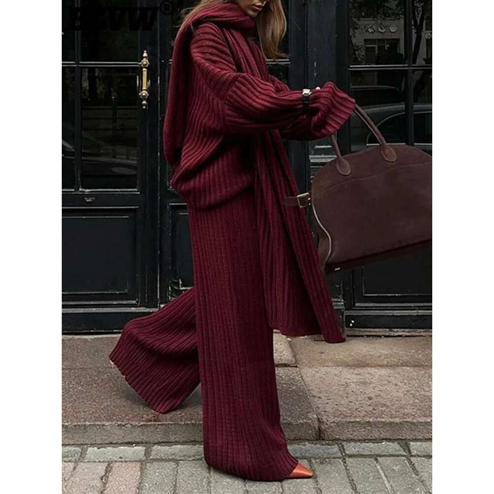 Elegant Knited Three-Piece Set Women's V-Neck Long Sleeves Sweater With High Waist Casual Pants 2025 New Clothing