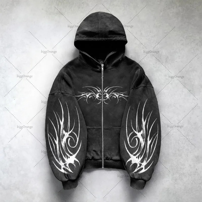 Gothic Punk Graphic Print Oversized Sweatshirt High Street Harajuku Y2K Streetwear Jacket Men Hip Hop Retro Casual Zipper Hoodie 250214