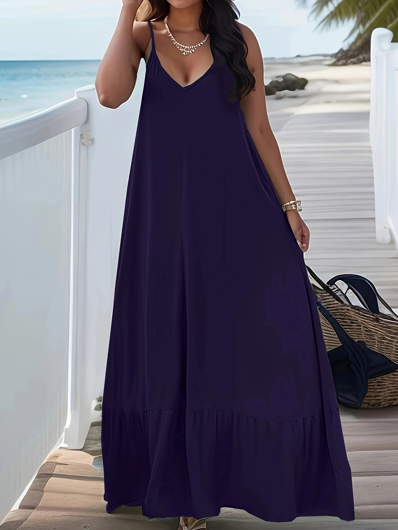 2024 European and American plus size womens crossover summer Vneck solid color hanging dress 250214