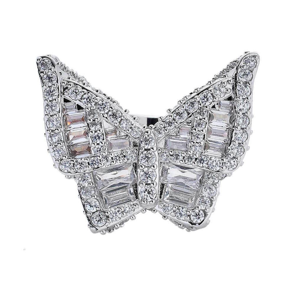 New Micro Set Square Moissanite Butterfly Street Exaggerated Men's and Women's Hiphop Hip Hop Ring