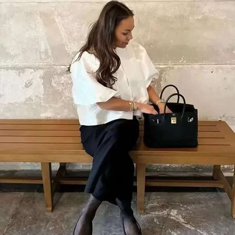 TRAF Satin Crop Top Women Puff Short Sleeve Female Shirts Summer Elegant Round Neck Loose Blouse Cut Out Cropped Blouses