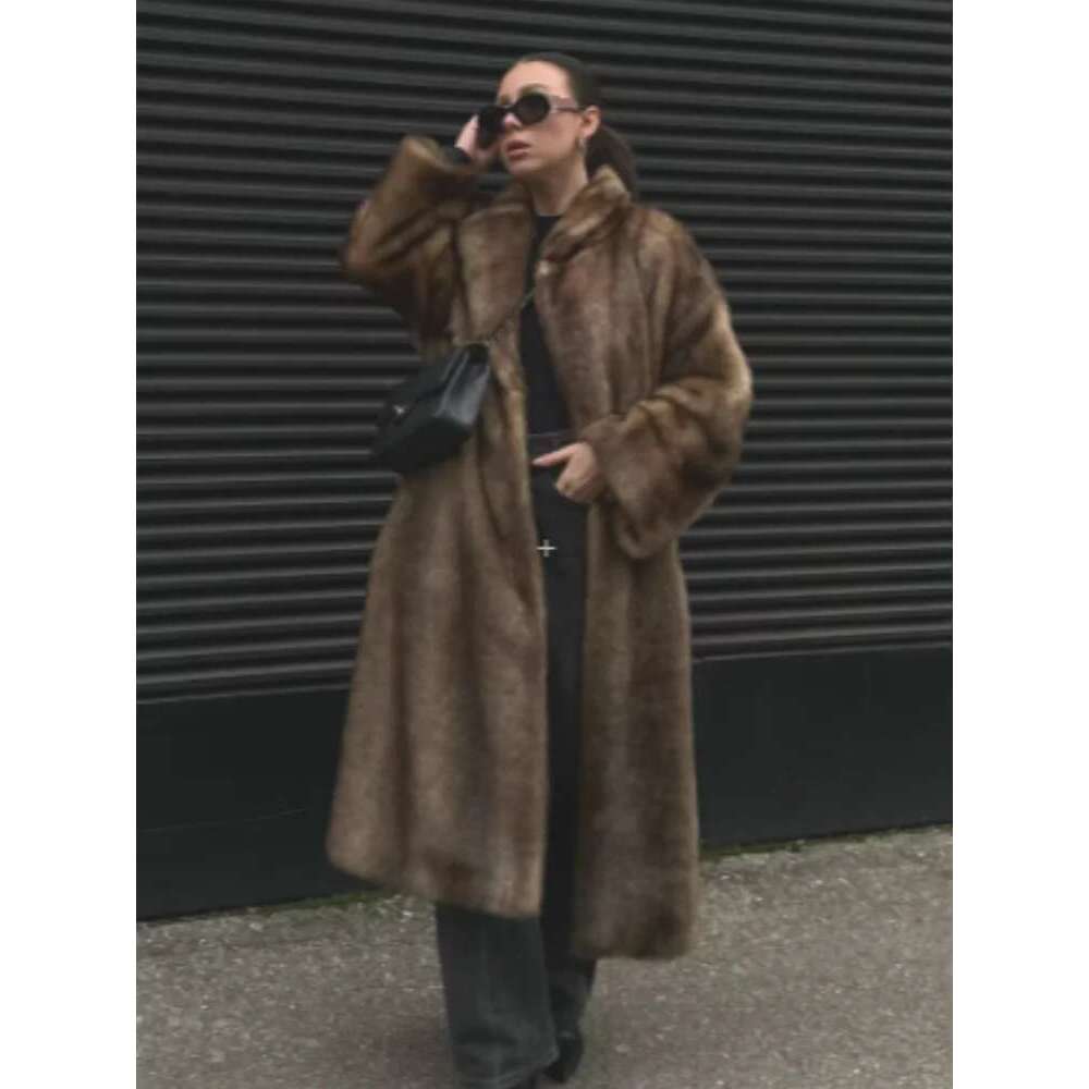Women's Soft Thicken Warm Hairy Faux Fox Fur Coat Fashion Oversized Brown Long Sleeve Fluffy Jacket 2024 Lady Streetwear