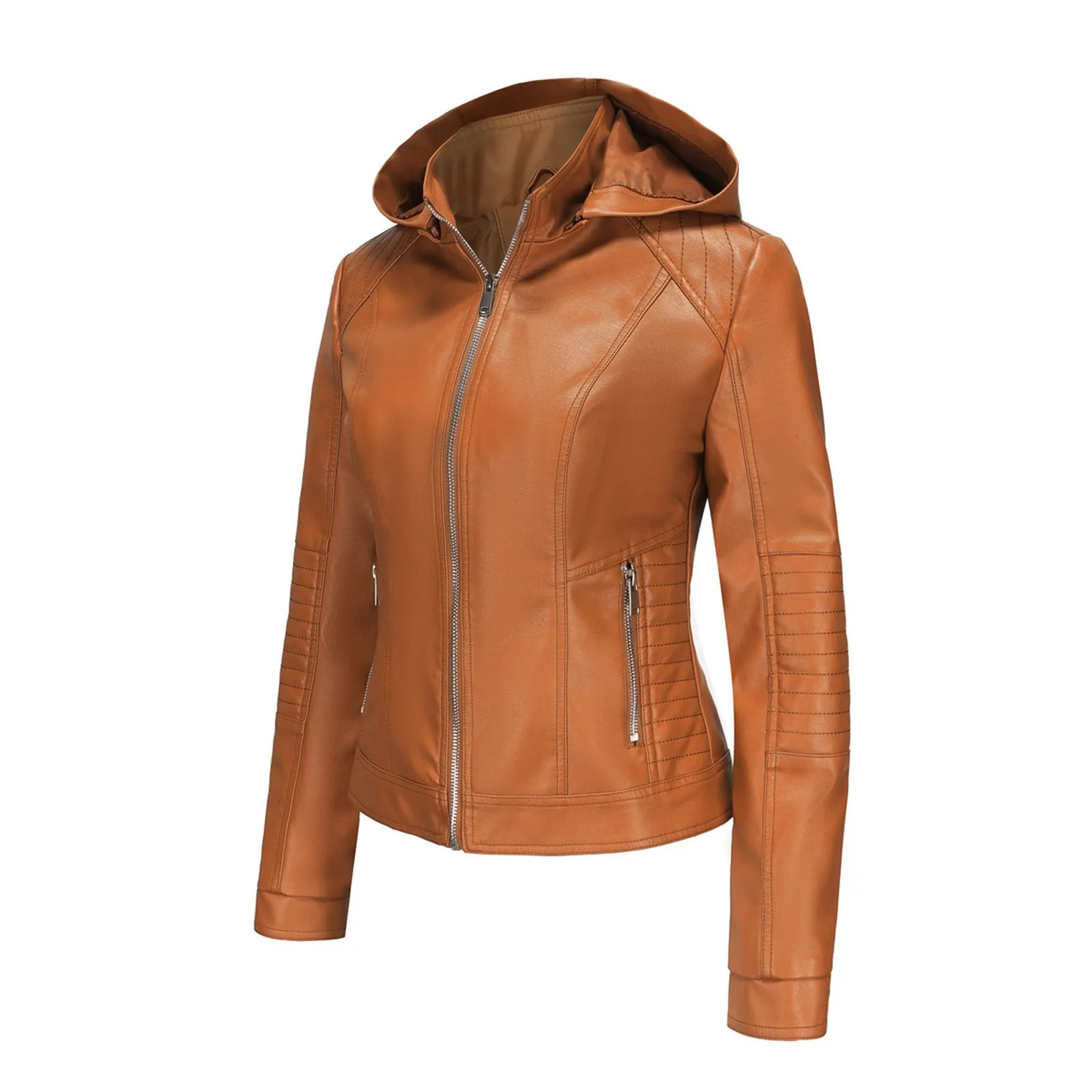 Womens Spring And Autumn Hooded Leather Coat Detachable Hat Windproof Short Casual Jacket Ladies Western Jackets 250211