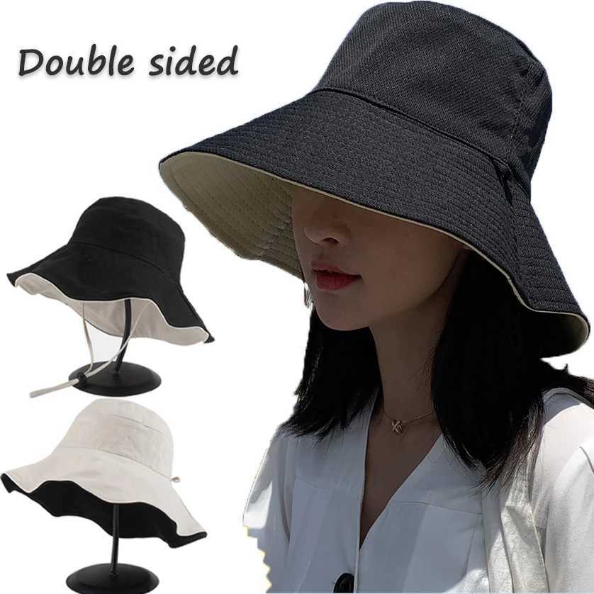 Double-sided Foldable Bucket Hat for Women Girls Summer Sun Hat Fisherman Visor Cap Anti-UV Wide Brim Sunscreen Hats Cotton Caps W250217