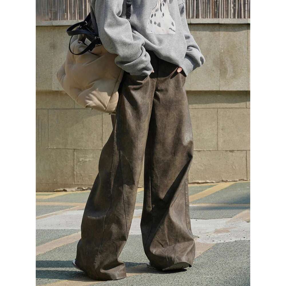 Vintage High Waist Pu Leather Pants For Women Wide Leg Trousers Streetwear Clothing Female 2025 Winter New 26D7603