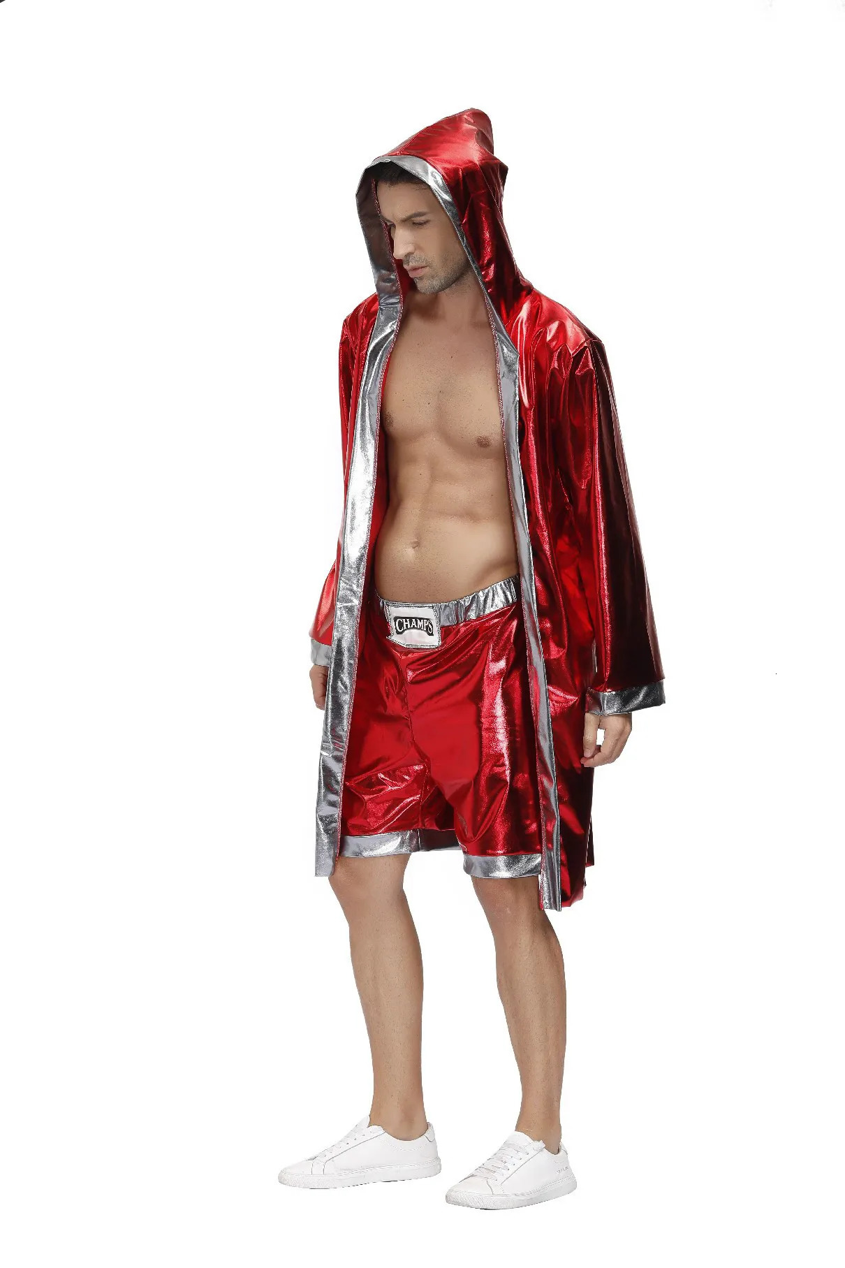 Mens Red Boxer Costume Hooded Cloak Robe Crop with Shorts Movie Boxing Robe Clothes Halloween Cosplay Uniform for Male 250217