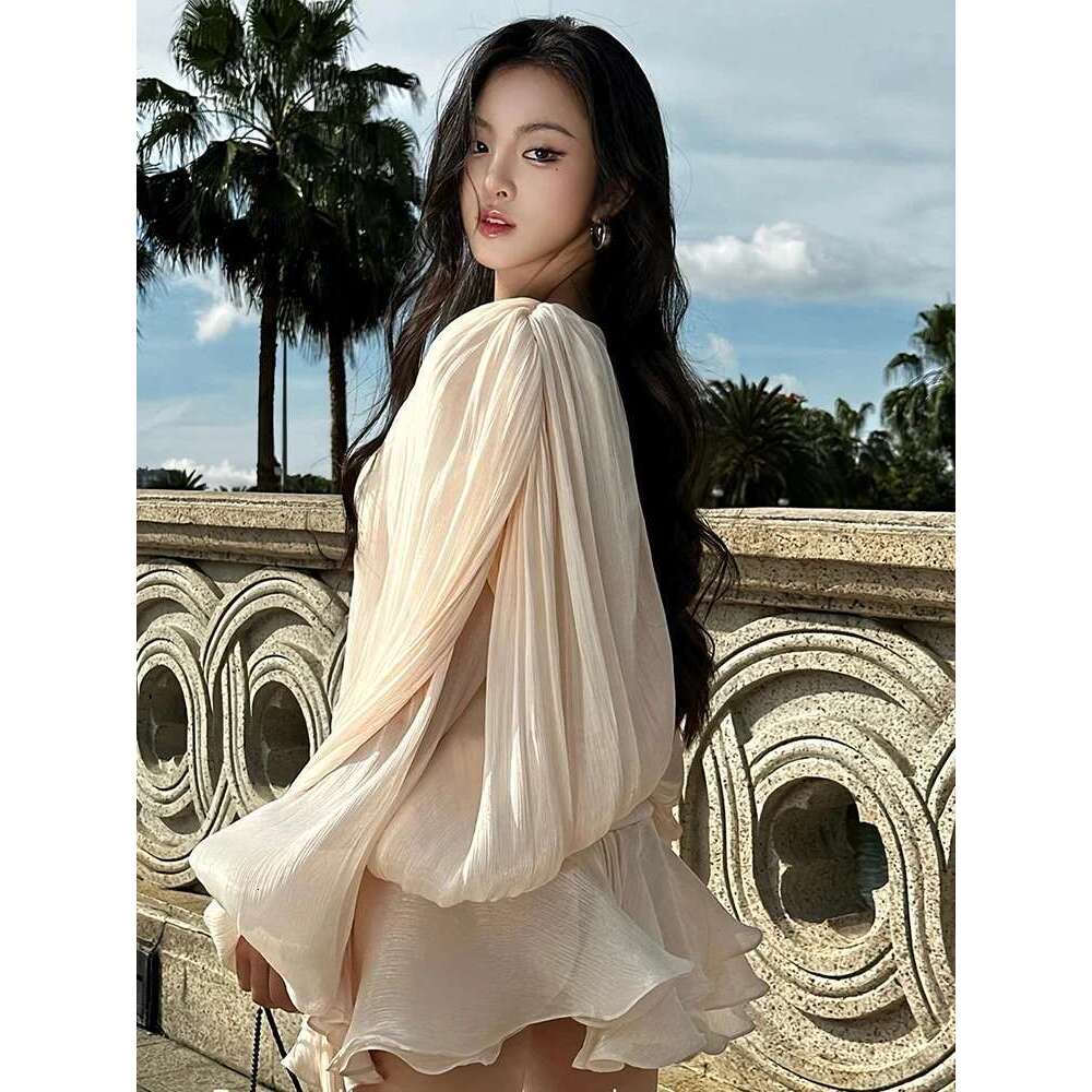 Hollow Out Spliced Lace Up Fashion Short Drees For Women O Neck Lantern Sleeve Minimalist Loose Ruffles Mini Dresses Female