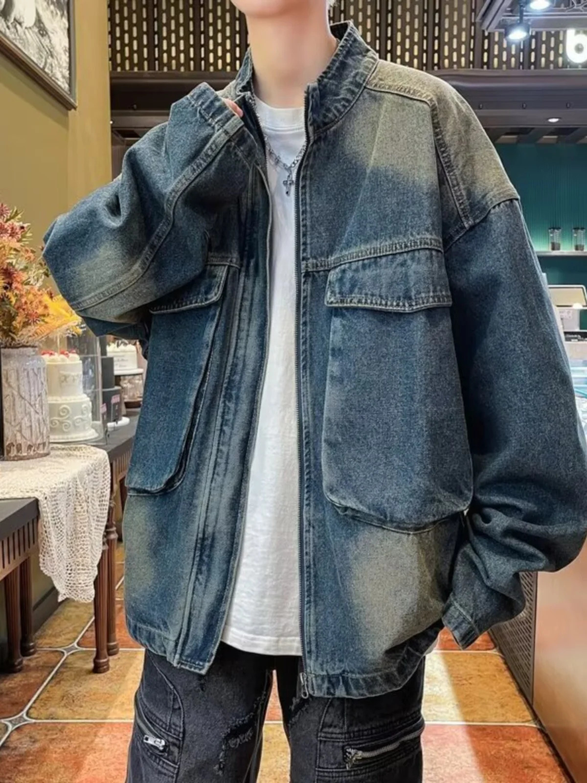 Retro Loose Large Pockets Cargo Denim Jacket For Men Spring Trendy Stand Up Collar Casual Zippered Jeans Top 250212