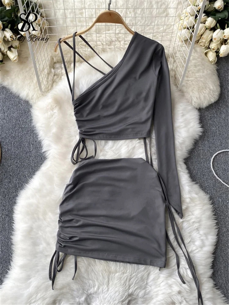 SINGREINY Senior Fashion Two Pieces Suits Women Sexy One Shoulder Long Sleeves Drawstring TopShort Bodycon Skirt sweet Sets 250214