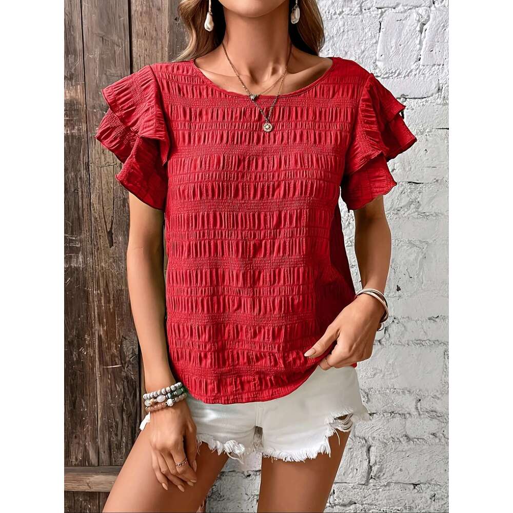 Summer Elegant Solid Shirt For Women Casual Office Lady Blouses Vintage Butterfly Sleeve O Neck Tops