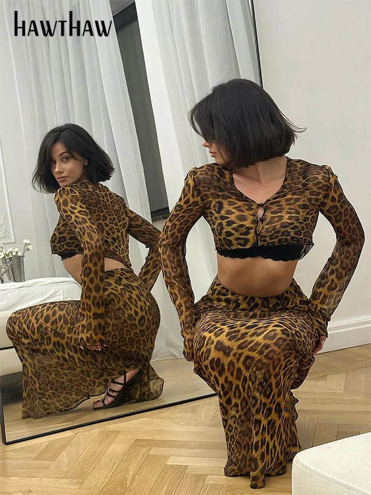 Hawthaw Women Spring Autumn Long Sleeve Crop Tops Skirts Mesh Leopard Two Piece Sets Wholesale Items For Business 250214