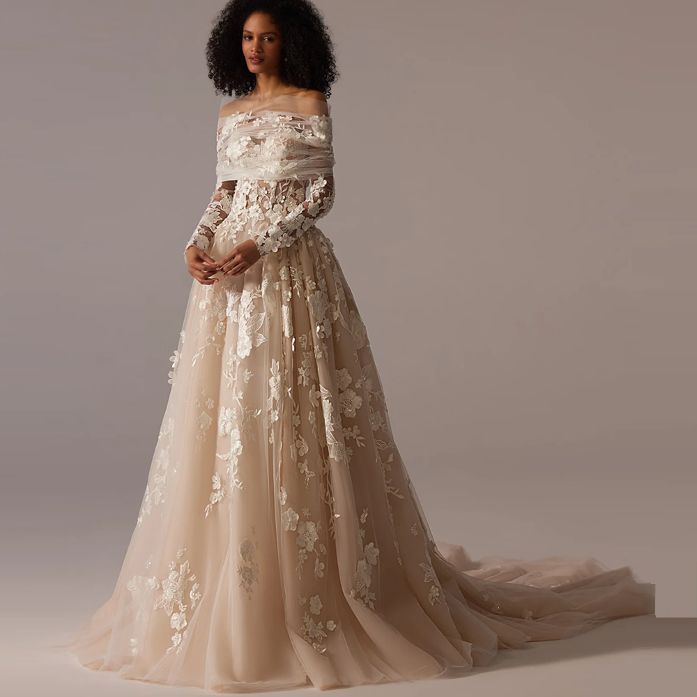 Attractive Sweehteart A-Line Wedding Dress Bling Beaded embroidery Appliques Lace Off Shoulder Sleeves Bridal Gowns Custom Made 01