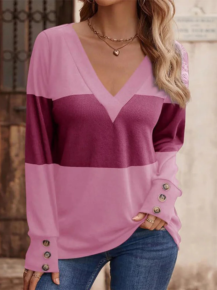6 Color Blocked Striped Top Womens V-Neck Button Up Long Sleeve T-Shirt Spring Autumn Casual Pullover 250217