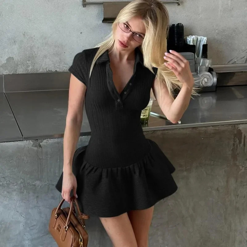 Talenza White Knitted Short Dress Womens Summer Patchwork Lapel Sleeve Pleated ALine High Waist Office Lady 250214