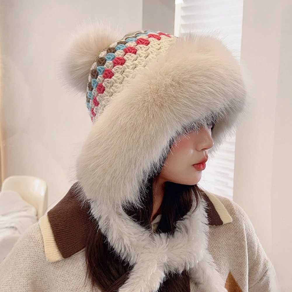 New Russian Hat Thick Warm Fluffy Fur Hat Womens Large Pom Beanie Womens Knitted Snow Ski Hat Ear Flaps Knitted Hat W250217