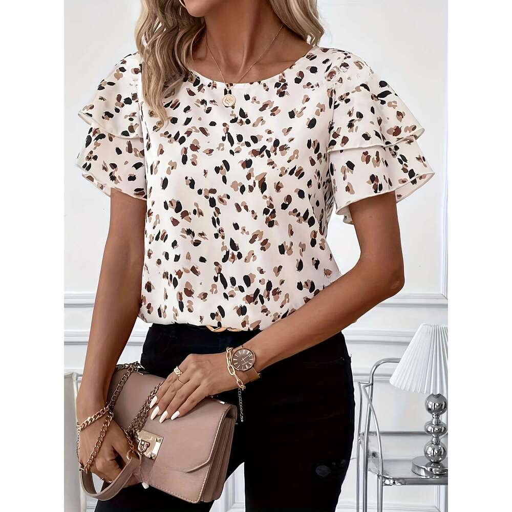 Summer Women Elegant Print Shirt Casual Fashion Vacation Crew Neck Ruffle Sleeve Tops Clothing