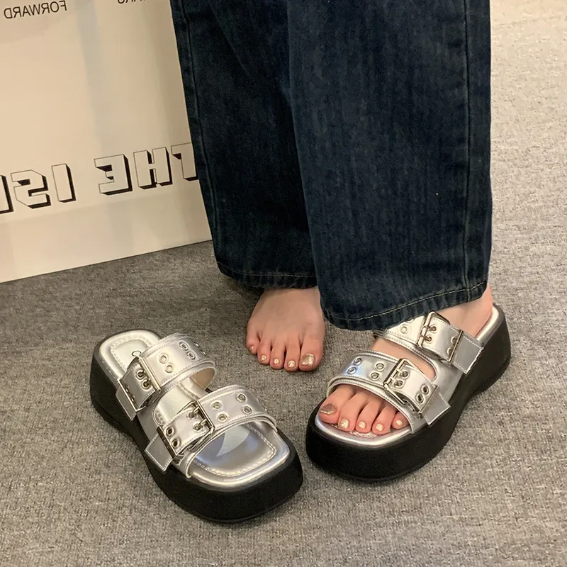 Soft High Heeled 2024 Woman Belt Double Buckle Sandal Beach Designer Slippers Platform Flat Shoes Female Summer