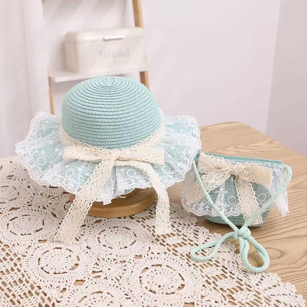 New straw hat wide Brim lace beach bucket hat fashionable bow grass hat baby bag W250217
