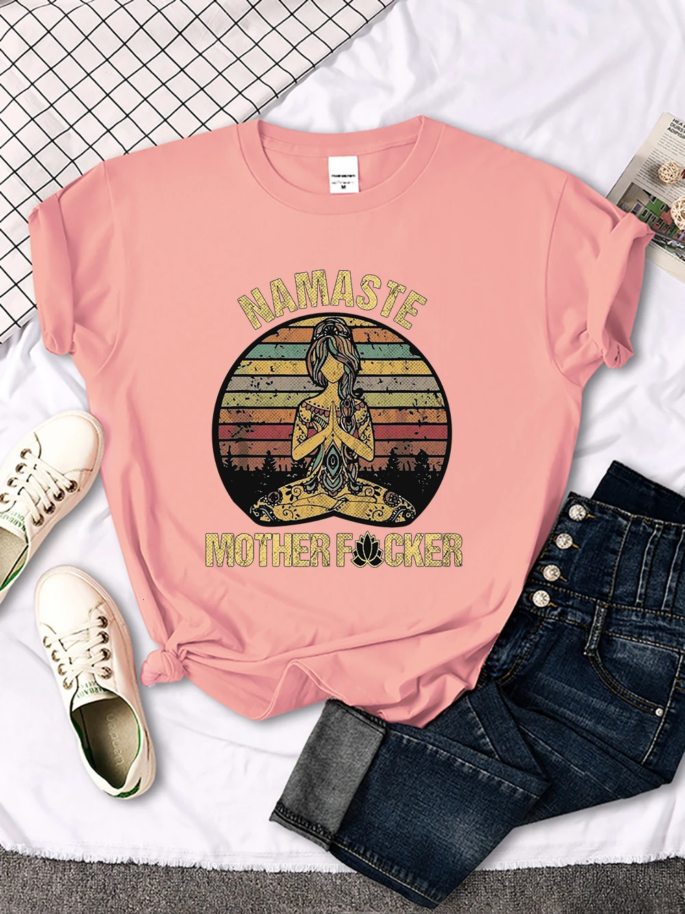 Vintage Namaste Mother Explicit Pattern Women T-Shirt O-Neck Creative T Shirts Fashion Breathable Crop Top Casual Sport T Shirt 250217