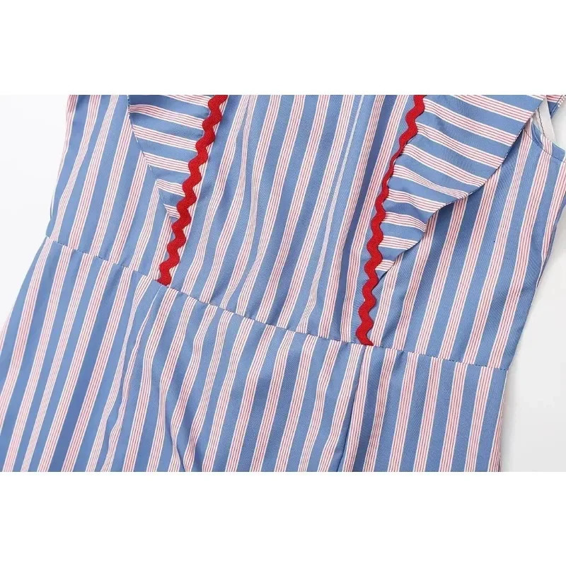 Womens Stripe Printed Flying Sleeves Top Set O-neck Sleeveless Ruffle Hem Skirt Suits 2024 Summer Lady Vacation Outfits 250120