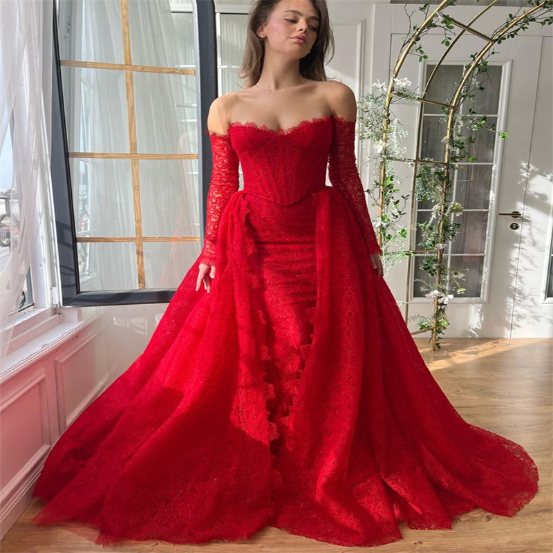 Charming Red Dubai Prom Dress With Overskirt Train Remove Sleeve Mermaid Evening Dress Abaya Formal Engagement Dress Robes De Soiree 2025 Vestio De Fi