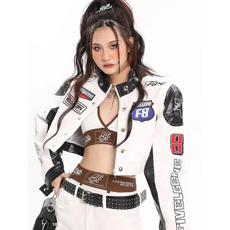 y2K Autumn and Winter American Street Girl Motorcycle Couple Leather Jacket PU ed Baseball Uniform Jack 250213